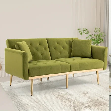 Velvet Upholstered Minimalist Tufted Metal Foot Double Seat Sofa Bed for Living Room Olive
