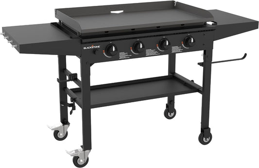 Blackstone 36 Inch Gas Griddle Cooking Station 4 Burner Flat Top Gas Grill Propane Fuelled Restaurant Grade Professional 36” Outdoor Griddle Station with Side Shelf (1554)