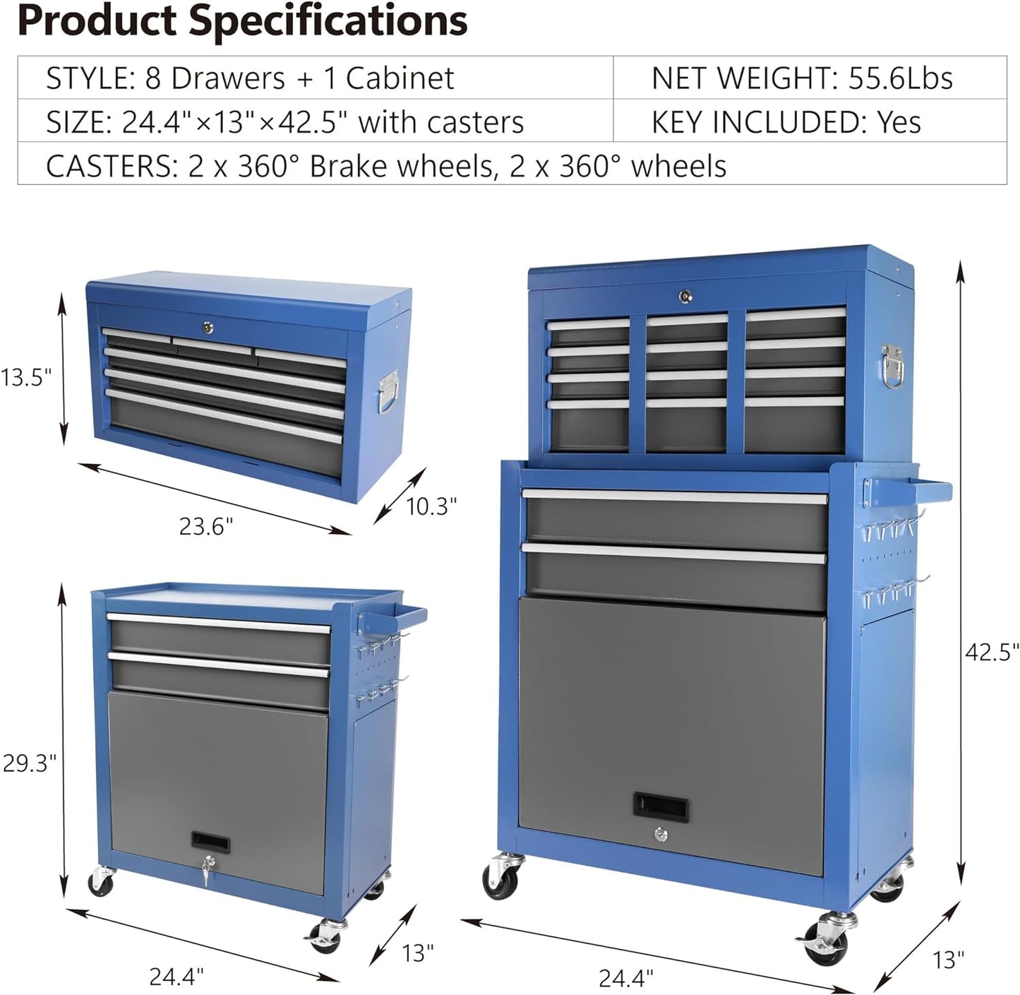 Tool Chest with 8 Drawers, Rolling Tool Cabinet with Wheels, Mobile Steel Tool Storage Organizer with Detachable Top Tool Box, for Warehouse&Workshop