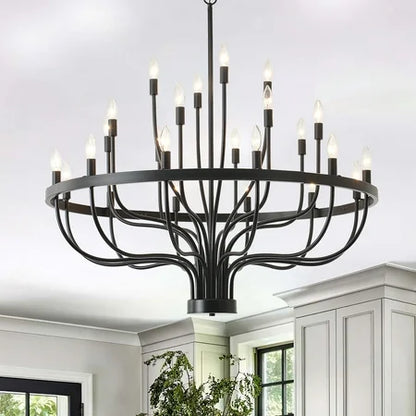 Black Chandelier 24 Light, Modern Farmhouse Chandelier for Dining Room, Round Industrial Candle Chandeliers Light, Wagon Wheel Chandelier 39.3 3-Tier for Hallway, Living Room, Foyer