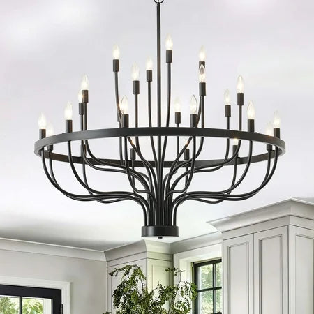 Black Chandelier 24 Light, Modern Farmhouse Chandelier for Dining Room, Round Industrial Candle Chandeliers Light, Wagon Wheel Chandelier 39.3 3-Tier for Hallway, Living Room, Foyer
