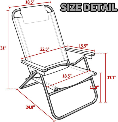 Beach Chair, 4 Position Adjustable Backrest, Headrest, Folding Backpack Camping Chair