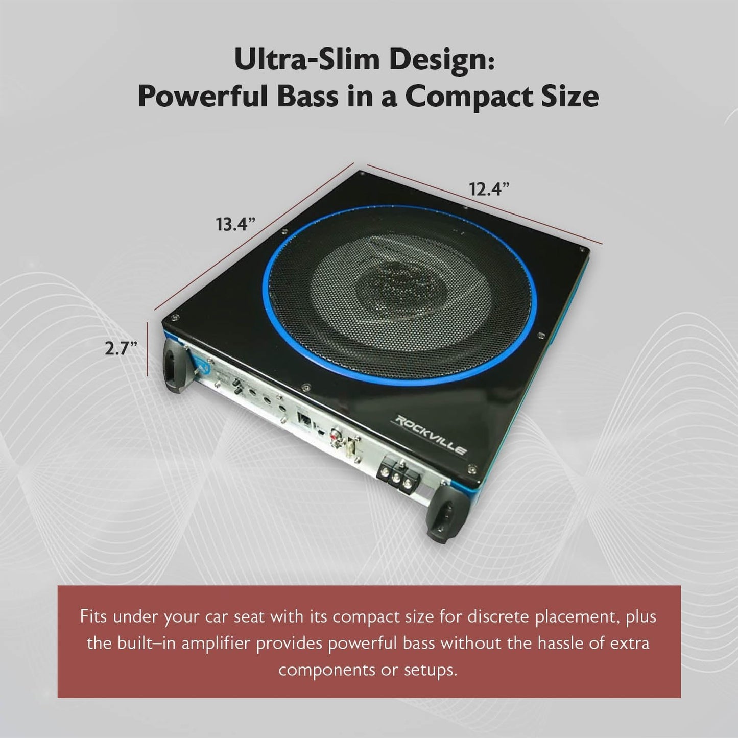 Rockville RW10CA 10" 800 Watt Slim Low Profile Active Powered Car Subwoofer Sub, Black