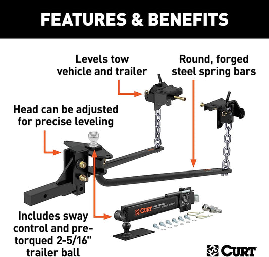 CURT 17063 Round Bar Weight Distribution Hitch with Integrated Lubrication and Sway Control, Up to 14K, 2-In Shank, 2-5/16-Inch Ball , Black