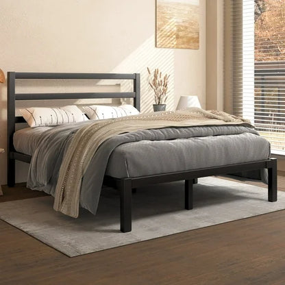 Queen Size Metal Platform Bed Frame with Headboard, Heavy Duty Metal Slat Mattress Foundation, Easy Assembly, No Box Spring Needed, Black