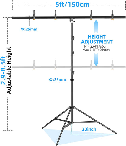 EMART 8.5 x 5ft T-Shape Portable Backdrop Stand, Background Support Stand Kit Adjustable Photo Backdrop Stand with 4 Spring Clamps & Carry Bag for Party, Photography, Video, Studio