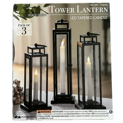 Evergreen LED Tapered Candle Tower Lantern, 3 Count (Black Finish