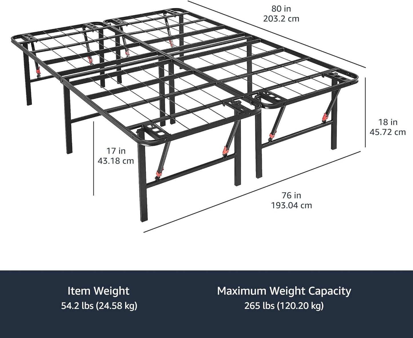 Amazon Basics Foldable Metal Platform Bed Frame with Tool Free Setup, 18 Inches High, Sturdy Steel Frame, No Box Spring Needed, King, Black