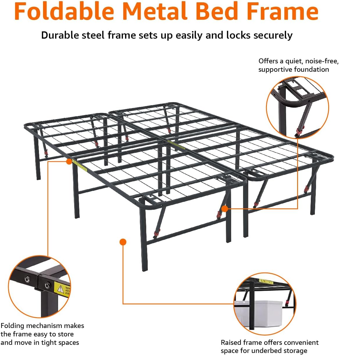 Amazon Basics Foldable Metal Platform Bed Frame with Tool Free Setup, 18 Inches High, Sturdy Steel Frame, No Box Spring Needed, King, Black