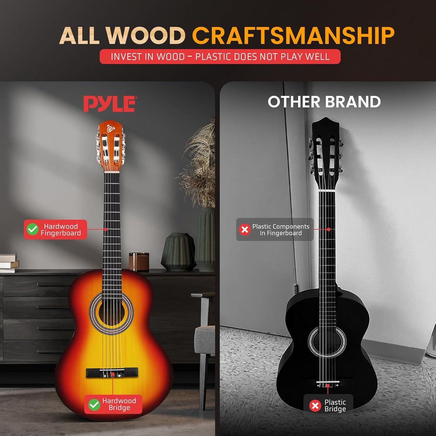 Pyle Beginner Acoustic Guitar Kit, 4/4 Full Size All Wood Instrument