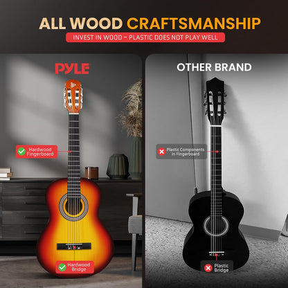 Pyle Beginner Acoustic Guitar Kit, 4/4 Full Size All Wood Instrument