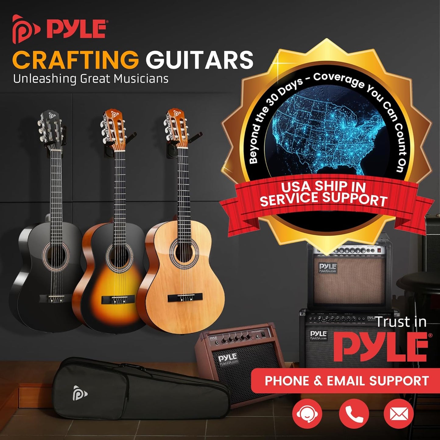 Pyle Beginner Acoustic Guitar Kit, 4/4 Full Size All Wood Instrument