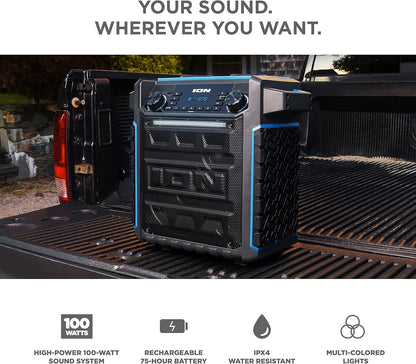 ION Audio Pickup - 100W Water-Resistant Bluetooth Outdoor Speaker with Rechargeable Battery