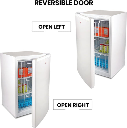 Koolatron Compact Upright Freezer, 3.1 cu ft (88L), White, Manual Defrost Design, Space-Saving Flat Back, Reversible Door, 3 Pull-Out Basket Shelves, for Apartment, Condo, Cottage
