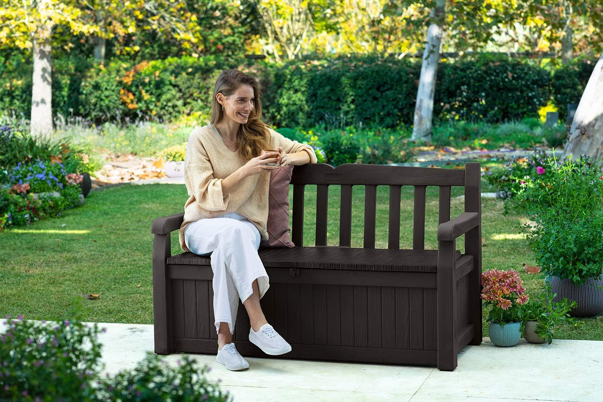 Keter Solana 70 Gallon Storage Bench Deck Box for Patio Furniture,