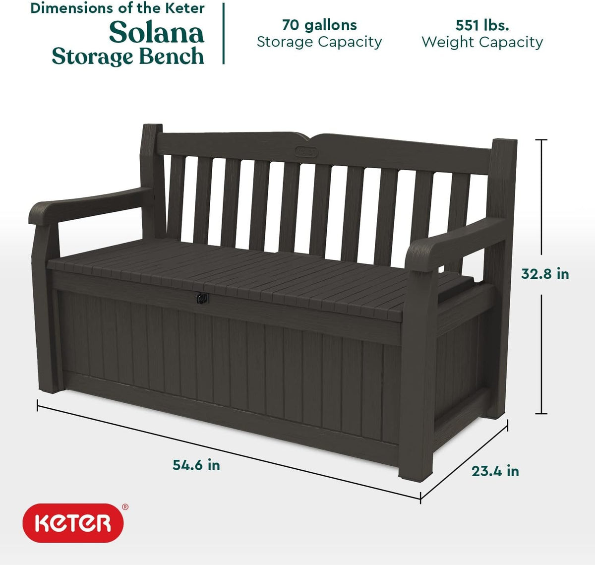 Keter Solana 70 Gallon Storage Bench Deck Box for Patio Furniture,