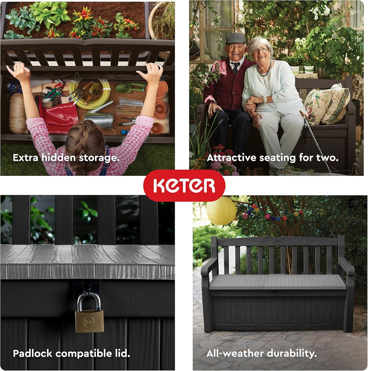 Keter Solana 70 Gallon Storage Bench Deck Box for Patio Furniture,