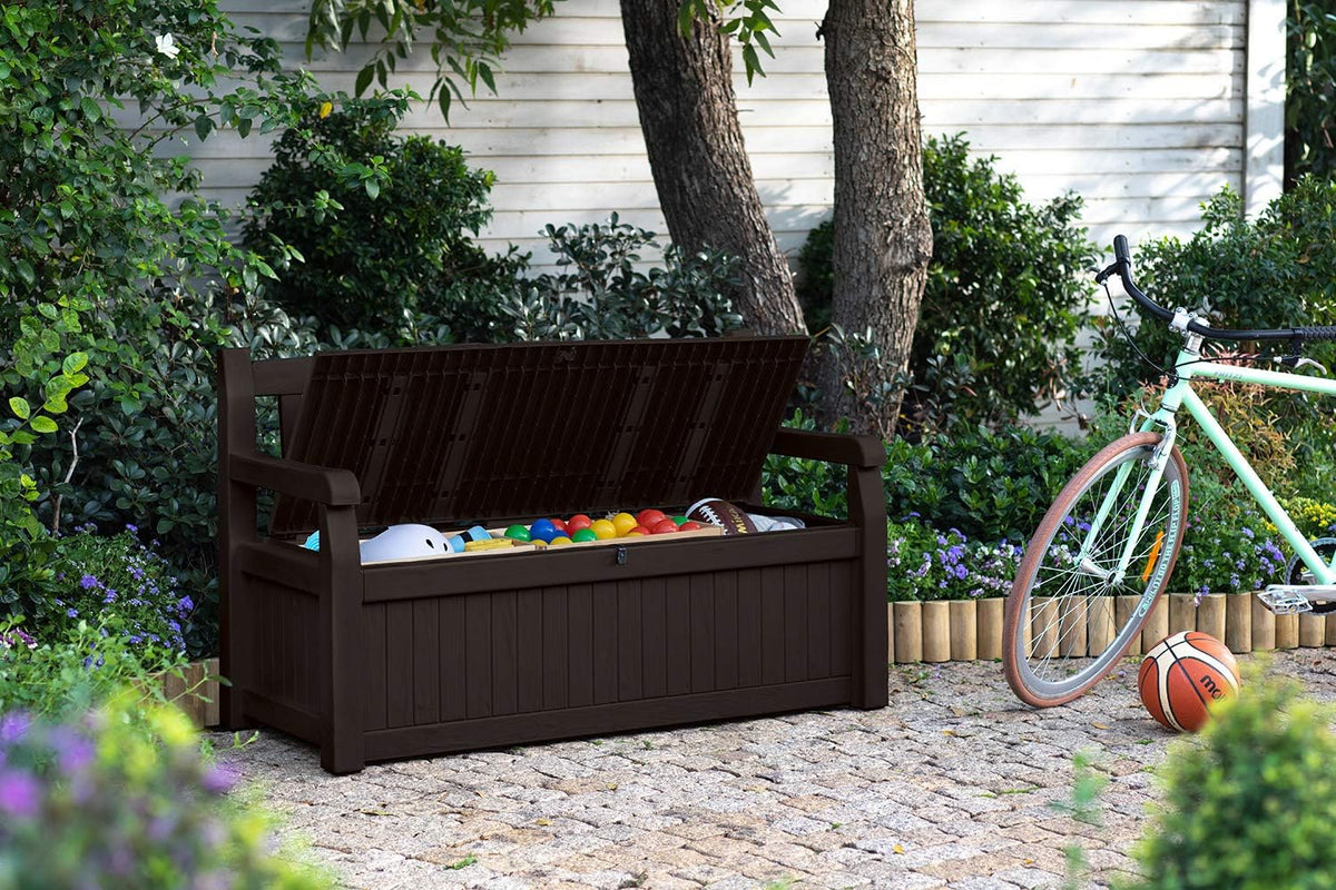 Keter Solana 70 Gallon Storage Bench Deck Box for Patio Furniture,