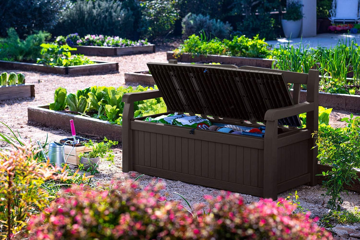 Keter Solana 70 Gallon Storage Bench Deck Box for Patio Furniture,
