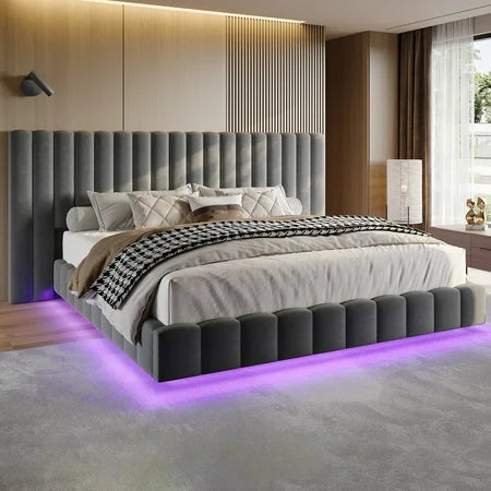 Merluxy Queen Bed Frame with Oversized Headboard,Floating Design,RGB LED Lights,No Box Spring Needed,Velvet Grey