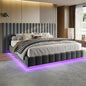 Merluxy Queen Bed Frame with Oversized Headboard,Floating Design,RGB LED Lights,No Box Spring Needed,Velvet Grey