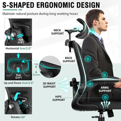 Office Chair, Ergonomic Office Chair with 3D Lumbar Support 3D Headrest
