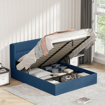 Queen Size Bed Frame with Storage, Upholstered Platform with Hydraulic, Linen Fabric Wingback Headboard, Noiseless Wooden Slat Support, No Box Spring Needed, Navy Blue