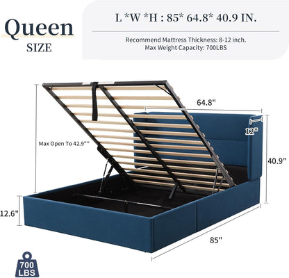 Queen Size Bed Frame with Storage, Upholstered Platform with Hydraulic, Linen Fabric Wingback Headboard, Noiseless Wooden Slat Support, No Box Spring Needed, Navy Blue