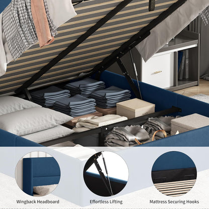 Queen Size Bed Frame with Storage, Upholstered Platform with Hydraulic, Linen Fabric Wingback Headboard, Noiseless Wooden Slat Support, No Box Spring Needed, Navy Blue