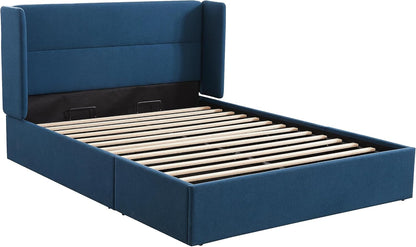Queen Size Bed Frame with Storage, Upholstered Platform with Hydraulic, Linen Fabric Wingback Headboard, Noiseless Wooden Slat Support, No Box Spring Needed, Navy Blue
