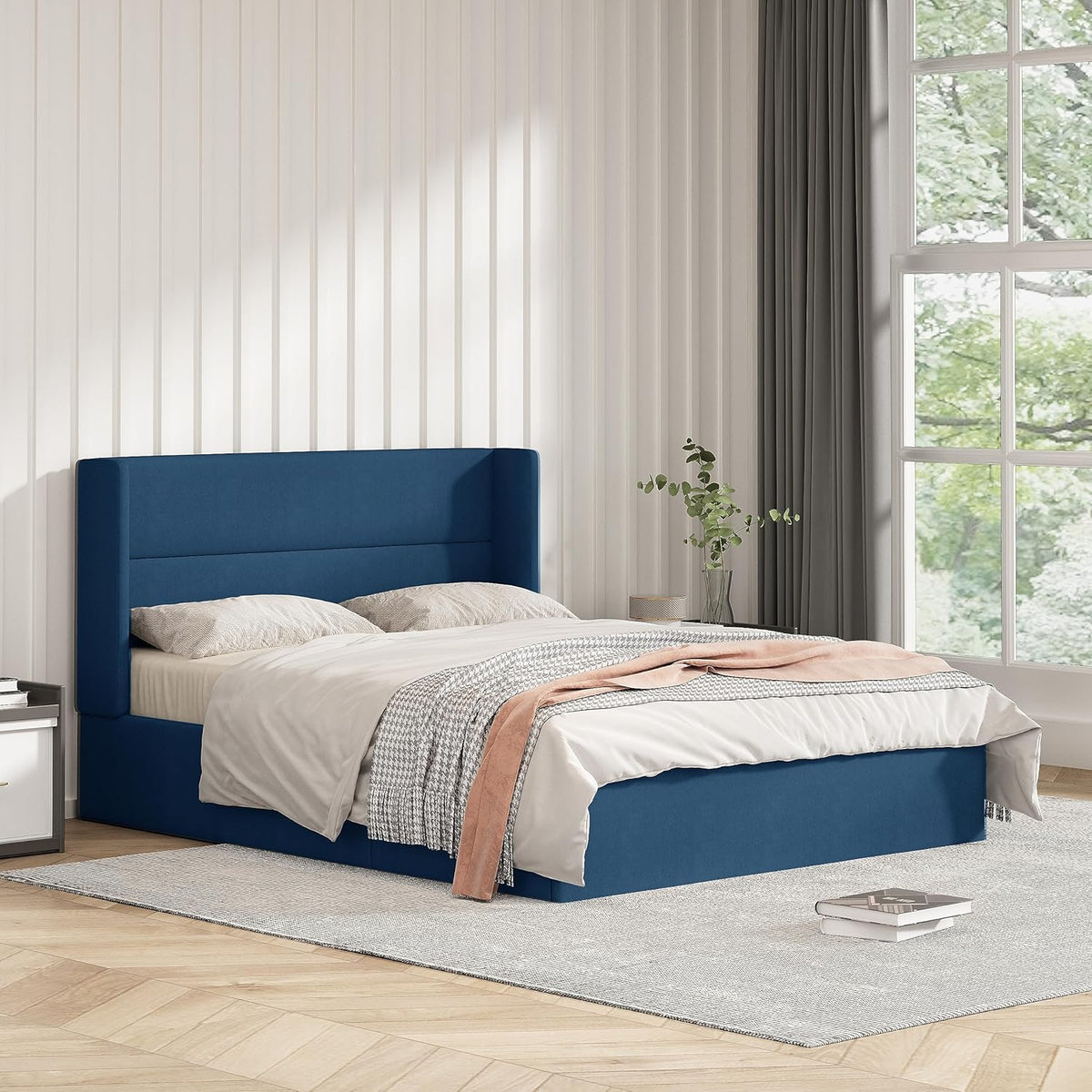Queen Size Bed Frame with Storage, Upholstered Platform with Hydraulic, Linen Fabric Wingback Headboard, Noiseless Wooden Slat Support, No Box Spring Needed, Navy Blue