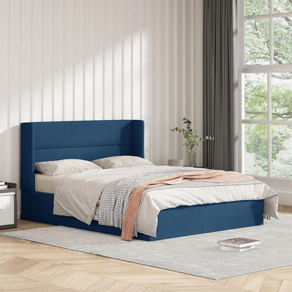 Queen Size Bed Frame with Storage, Upholstered Platform with Hydraulic, Linen Fabric Wingback Headboard, Noiseless Wooden Slat Support, No Box Spring Needed, Navy Blue
