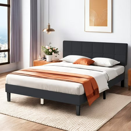 Queen Bed Frame - Upholstered Platform, Dark Grey