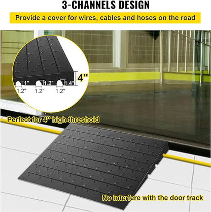 VEVOR Rubber Threshold Ramp, 4" Rise Threshold Ramp Doorway, 3 Channels Cord Cover Rubber Solid Threshold Ramp, Rubber Angled Entry Rated 2200 Lbs Load Capacity for Wheelchair and Scooter Black