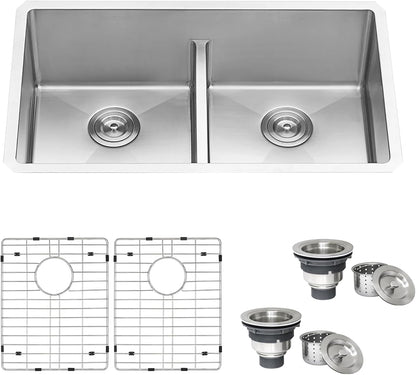 Tight Radius 36 in. Undermount 50/50 Double Bowl 18 Gauge Stainless Steel Kitchen Sink with Accessories