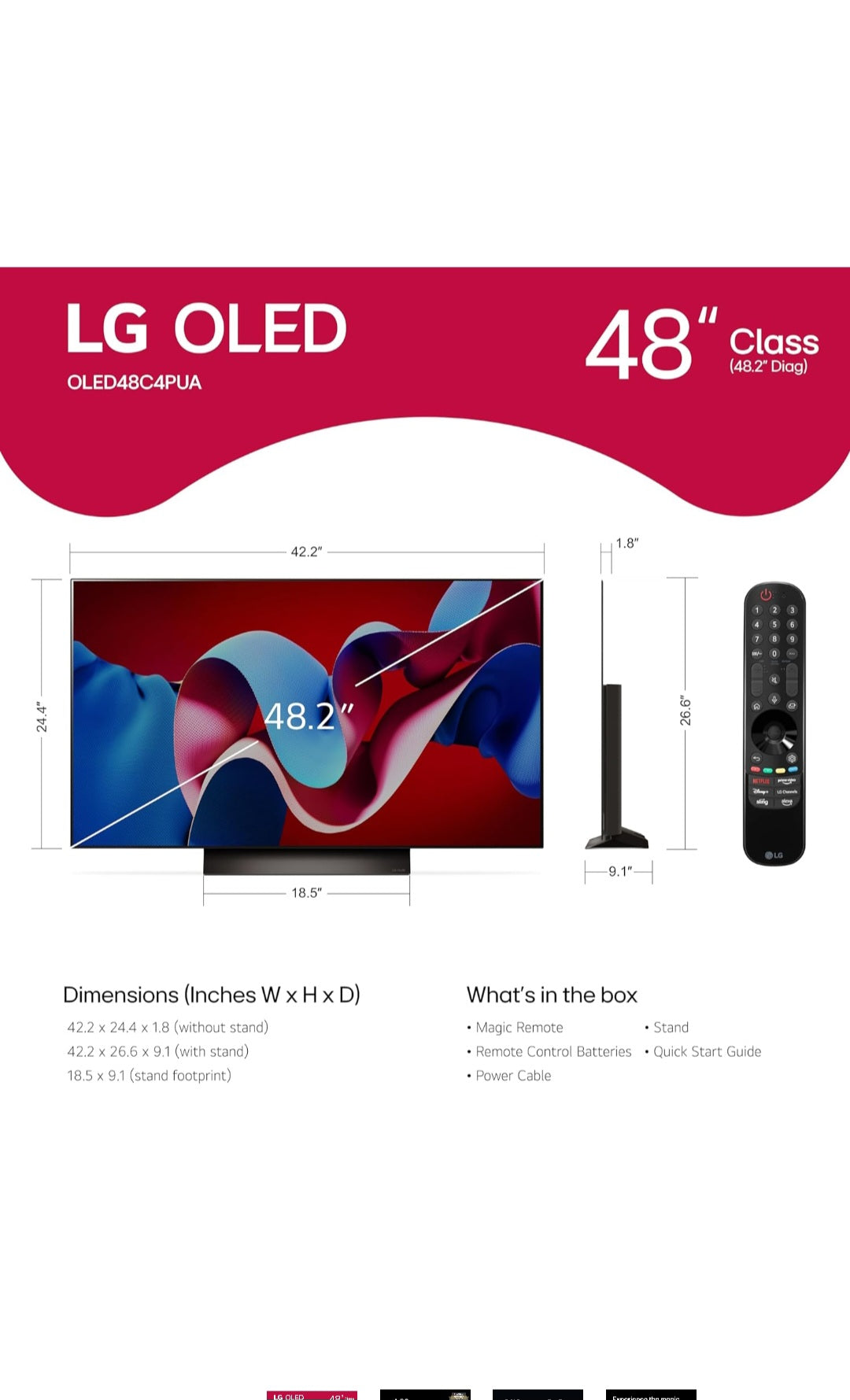 LG 48-Inch Class OLED evo C4 Series Smart TV 4K Processor Flat Screen with Magic Remote AI-Powered with Alexa Built-in (OLED48C4PUA, 2024)