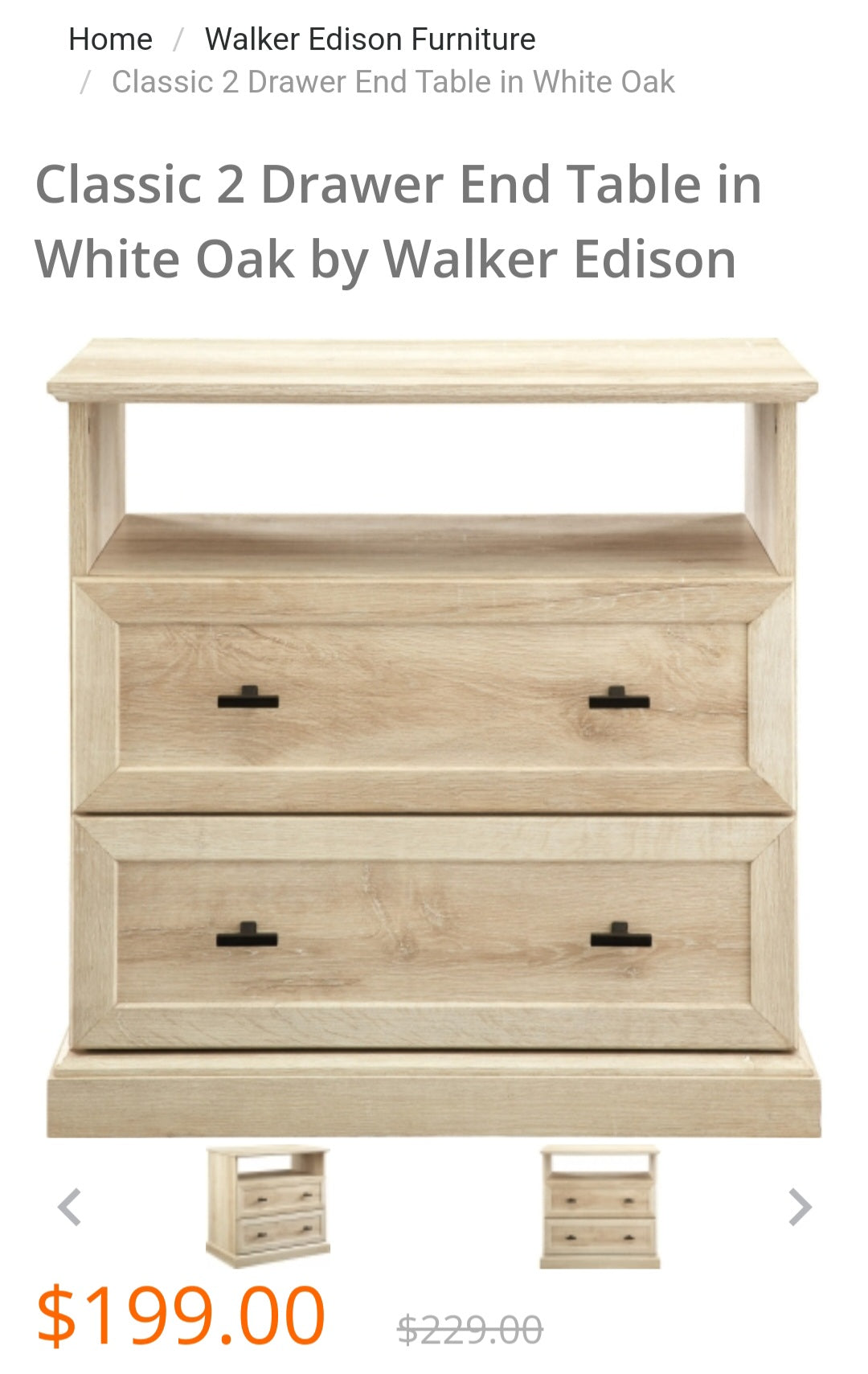 Classic 2 Drawer End Table in White Oak