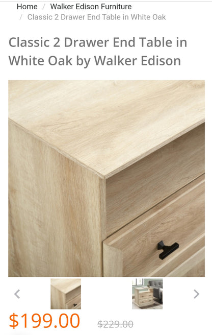 Classic 2 Drawer End Table in White Oak