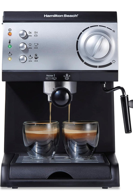 Hamilton Beach 15 Bar Espresso Machine, Cappuccino, Mocha, & Latte Maker, with Milk Frother, Make 2 Cups Simultaneously, Works with Pods or Ground Coffee, 50 oz. Water Reservoir, Black