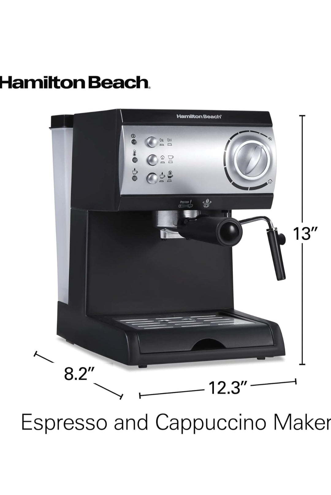 Hamilton Beach 15 Bar Espresso Machine, Cappuccino, Mocha, & Latte Maker, with Milk Frother, Make 2 Cups Simultaneously, Works with Pods or Ground Coffee, 50 oz. Water Reservoir, Black