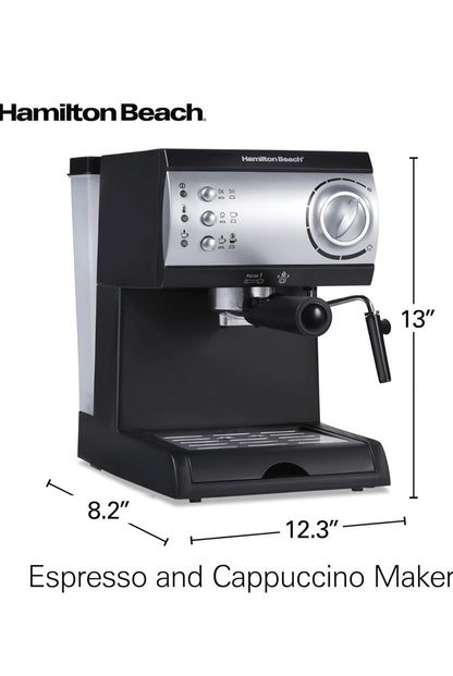 Hamilton Beach 15 Bar Espresso Machine, Cappuccino, Mocha, & Latte Maker, with Milk Frother, Make 2 Cups Simultaneously, Works with Pods or Ground Coffee, 50 oz. Water Reservoir, Black