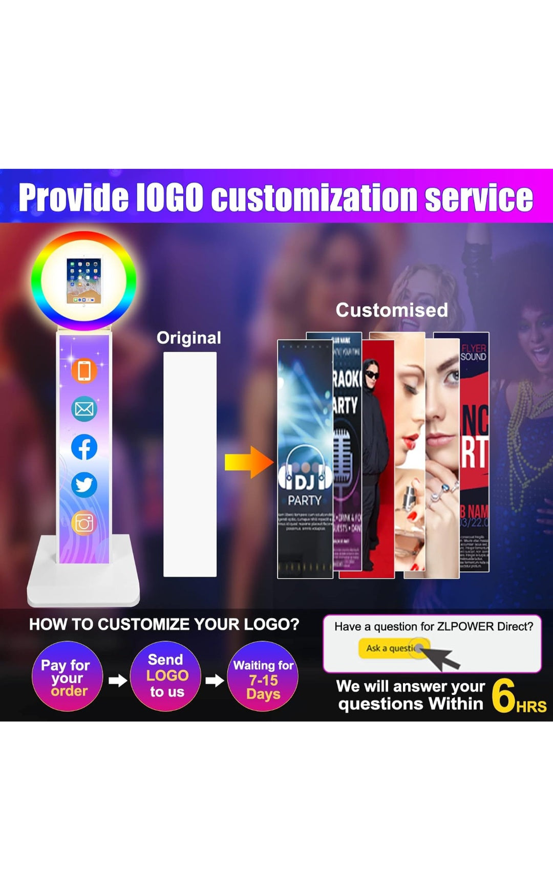 Portable Photo Booth for iPad 10.2'' 10.9" 11" 12.9" Shell Stand Selfie Station Customized Logo Photobooth Machine with Round RGB LED Light Ring and Flight Case for Events Wedding