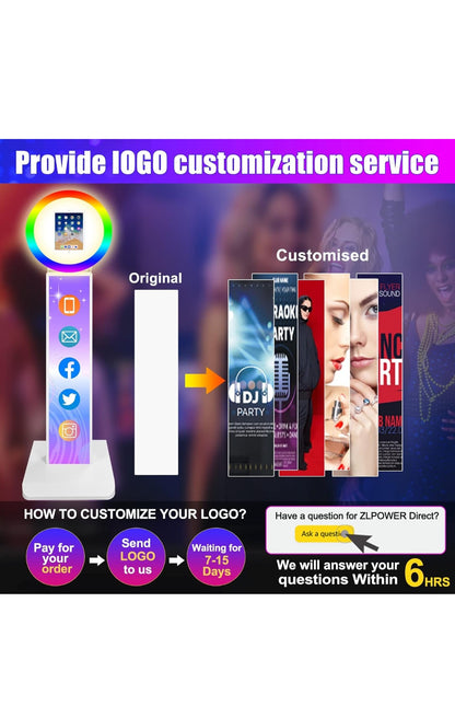 Portable Photo Booth for iPad 10.2'' 10.9" 11" 12.9" Shell Stand Selfie Station Customized Logo Photobooth Machine with Round RGB LED Light Ring and Flight Case for Events Wedding