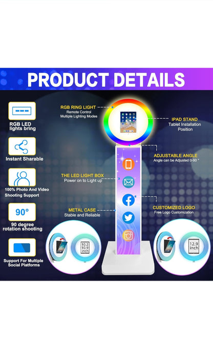 Portable Photo Booth for iPad 10.2'' 10.9" 11" 12.9" Shell Stand Selfie Station Customized Logo Photobooth Machine with Round RGB LED Light Ring and Flight Case for Events Wedding