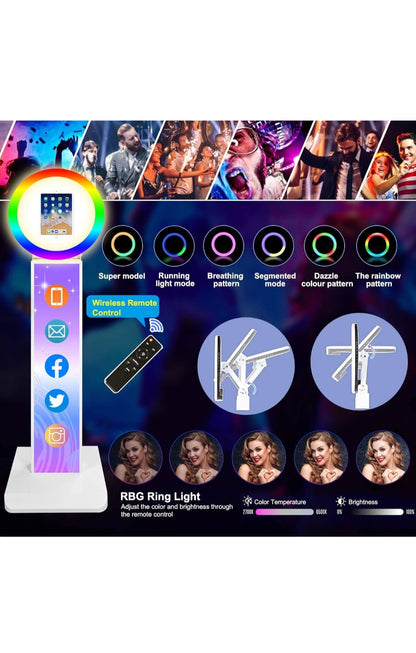 Portable Photo Booth for iPad 10.2'' 10.9" 11" 12.9" Shell Stand Selfie Station Customized Logo Photobooth Machine with Round RGB LED Light Ring and Flight Case for Events Wedding