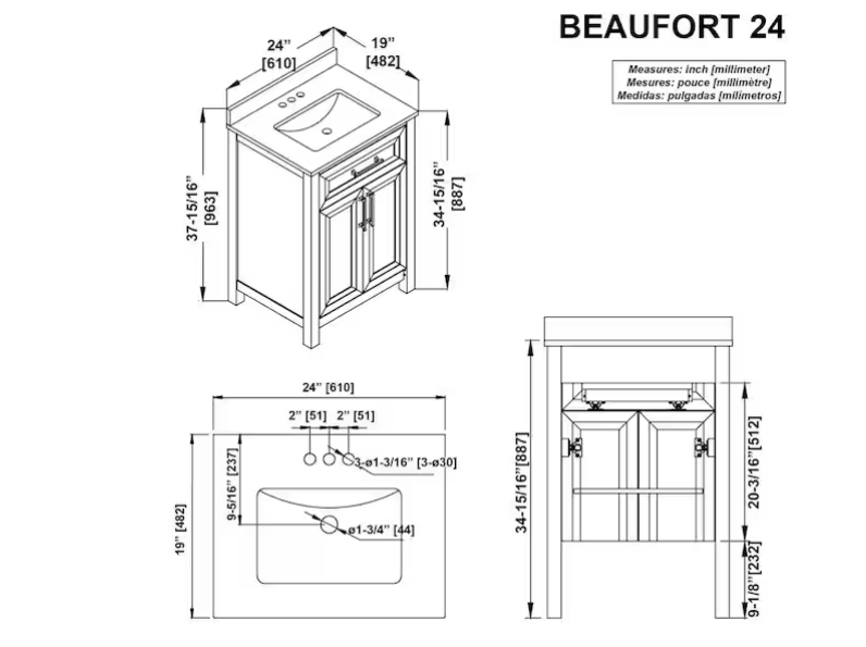 Beaufort 24" Bathroom Vanity, Birch, White Top