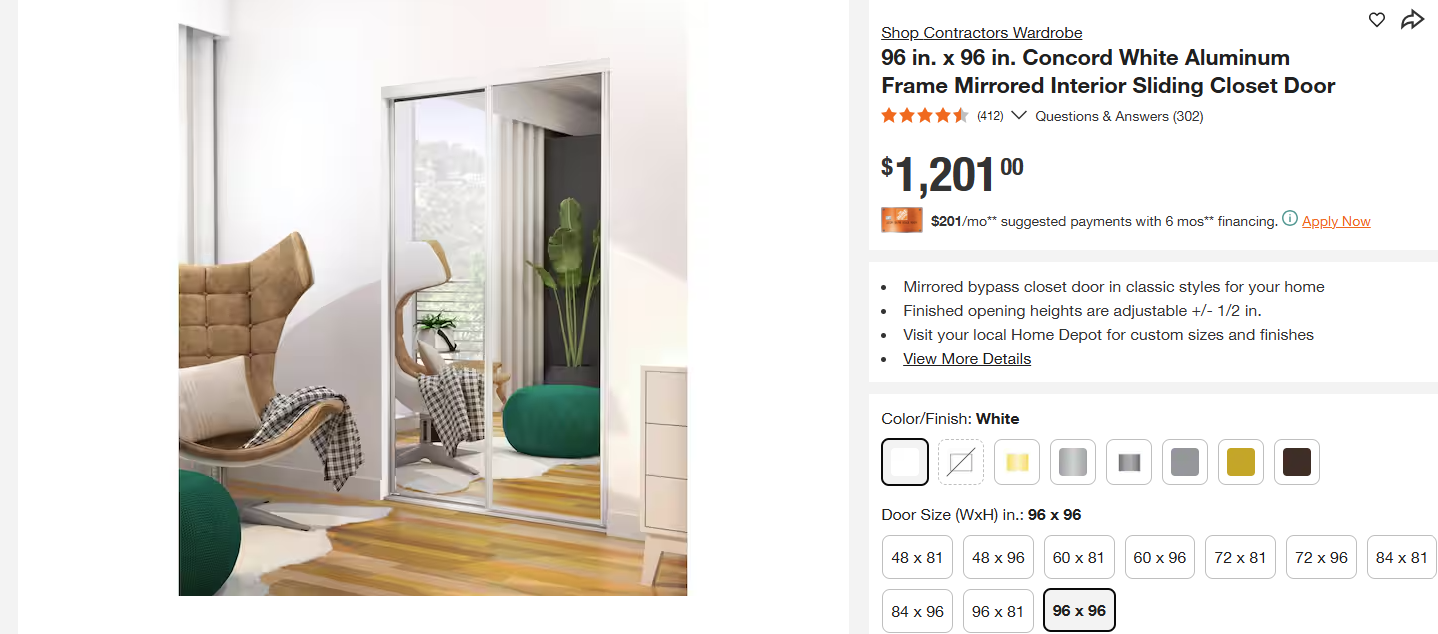 96 in. x 96 in. Concord White Aluminum Frame Mirrored Interior Sliding Closet Door