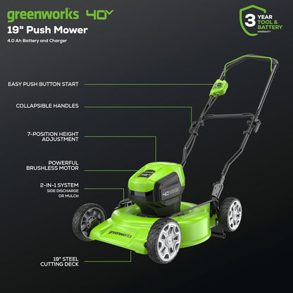 Greenworks 40V 19" Brushless (Push) Cordless Lawn Mower, 4.0Ah Battery and Charger