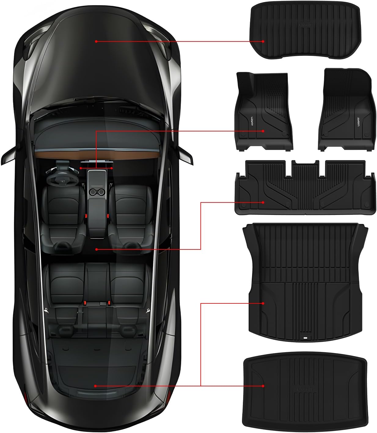 LASFIT Floor Mats & Trunk Mat for Tesla Model 3 Highland 2025 2024 Custom Fit TPE All Weather 1st & 2nd Row