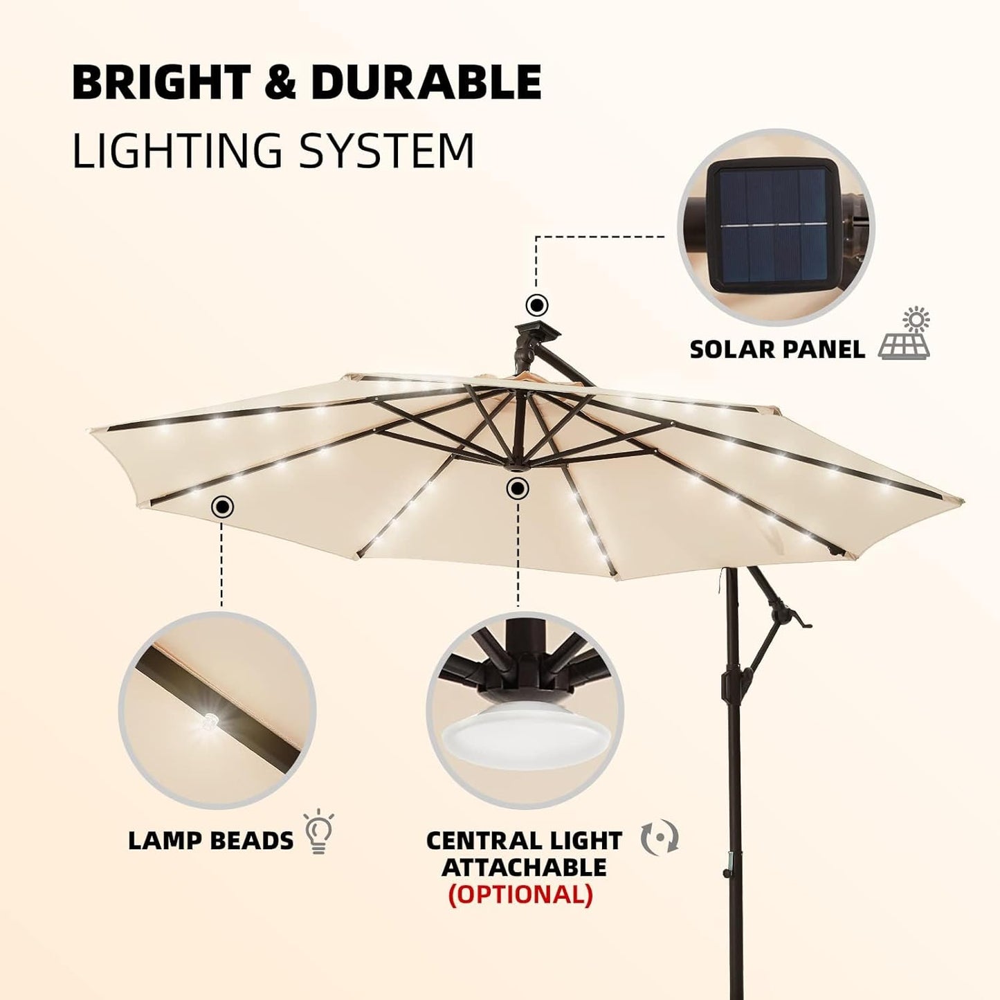 wikiwiki 10ft Solar LED Offset Hanging Market Patio Umbrella for Backyard, Poolside, Lawn and Garden,Easy Tilt Adjustment, Polyester Shade & Cross Base, Beige